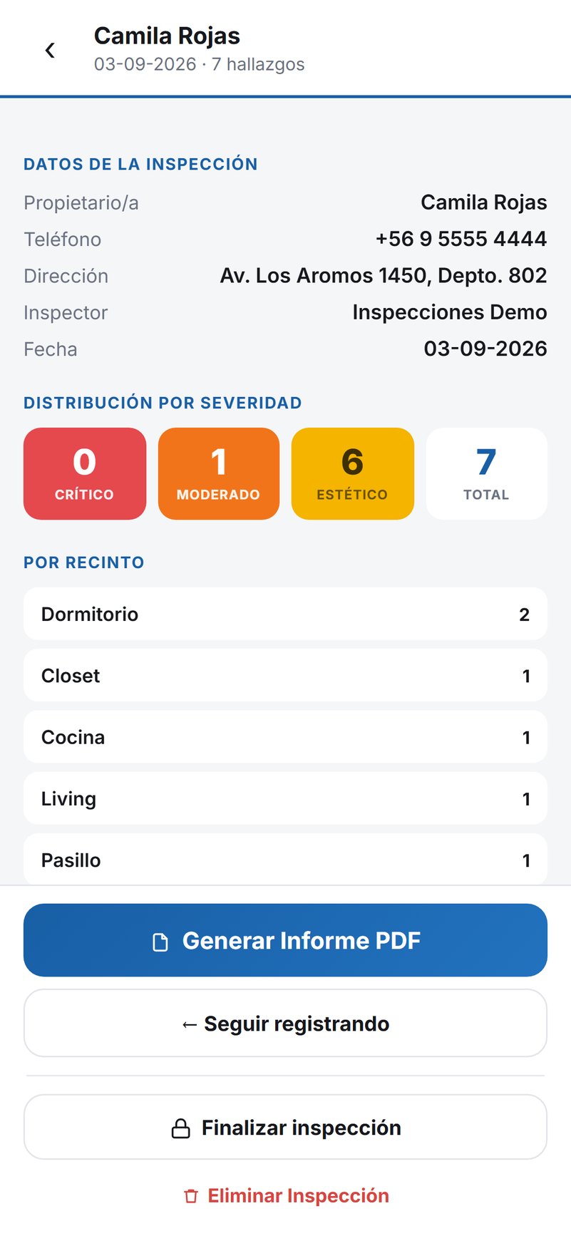 La misma inspección ya cerrada: el resumen con los datos de la propiedad, el recuento por severidad (0 críticos, 1 moderado, 6 estéticos, 7 en total) y el botón para generar el informe en PDF.
