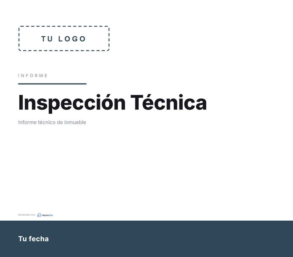 Portada del informe en la plantilla Clásico: el lugar del logo marcado como TU LOGO y los datos como Tu empresa, Tu dirección y Tu fecha